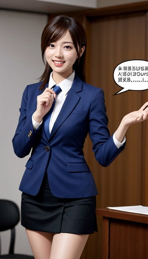 (best quality, masterpiece:1.2),ultra detailed,(photo realistic:1.4),solo,cute girl,business suit,mini skirt,lite smile, /(WHY?/),(speech_bubble:1.3)