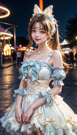 1girl, solo,mix4, (realistic:1.1), (photorealistic:1.1), (masterpiece:1.1), (best quality:1.1),  ultra detailed, looking at viewer, smile,sweet_lolita,standing , natural lighting, depth of field, (pureerosface_v1:0.8), amusement park in the background,(night)