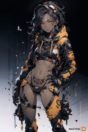Rebreather, Hoodie, cyberpunk city, (masterpiece), best quality, expressive eyes, perfect face, dark skin, natural perky tits, long black hair, (dark-female:1.6:), (dark_skin), sexy, slim body, sexy wasitline, flat tummy, skinny shoulders, tall, very sexy, crotch tattoo, g-string panty, chocolate coloured skin colour, 