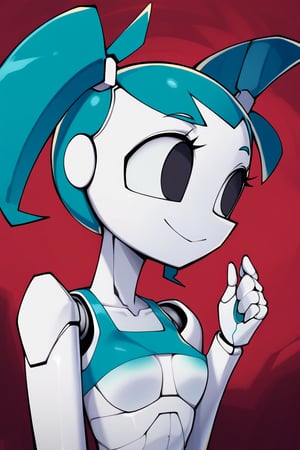 xj9, robot girl, 1girl, robot joints, android, joints, twintails, aqua hair ,black eyes,white skin, lustfull look, tanlines, earrings, collarbone, large bust, helltaker style, colored skin, white skin