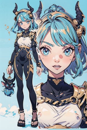 (masterpiece, best quality:1.1), ghibli style, hair_bands, solo ,Orgasm,weiboZH,TinkerWaifu (masterpiece), best quality, expressive eyes, perfect face, big breasts, puffy nipples under shirt, skinny black girl. blue hair, Black horns, gold buckle, black choker, black tight body suit, big blue eyes, (close up view),3DMM, golden rings on horns, full body view, popstar pose, symmetrical horns, tall, sexy slender