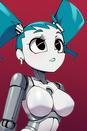 xj9, robot girl, robot joints, android, joints, twintails, aqua hair ,black eyes,white skin, lustfull look, tanlines, earrings, collarbone, large bust, helltaker style, 