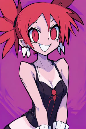 Etna (Disgaea), happy, tanlines, earrings, bracelet, collarbone, large bust, helltaker style, red eyes, red hair