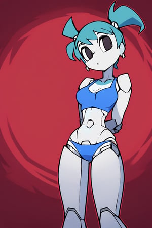 xj9, robot girl, robot joints, android, joints, short blue top, short blue underwear, symetrical twintails, aqua hair ,black eyes,white skin, lustfull look, tanlines, earrings, collarbone, large bust, helltaker style, colored skin, white skin, (1girl), only 1 girl, perfectly drawn fingers, view from below near the crotch, hands behind back