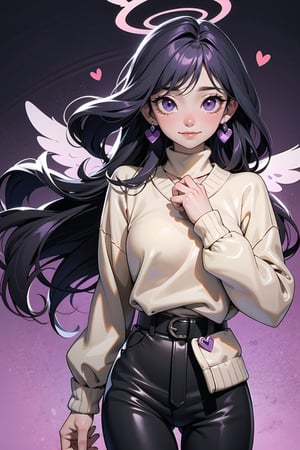 (masterpiece, best quality:1.1), ghibli style, black hair band, solo ,Orgasm,weiboZH,TinkerWaifu, (masterpiece), best quality, perfect face, smile, wavy hair, medium breasts, sad girl looking down at her chest, white sweater, black pants, holding purple heart with both hands in front of here, purple paint splash around heart, purple wings, purple halo over her head, sad tears from her eyes.