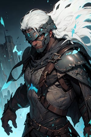 A muscular, male figure, stands powerfully, armor 30 year old muscular man. Lower angle, exagered perspective, spectral powers, ghostly aura, ready for action pose, blue face with white glowing eyes. white hair, armored helmet