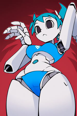 xj9, robot girl, robot joints, android, joints, short blue top, short blue underwear, symetrical twintails, aqua hair ,black eyes,white skin, lustfull look, tanlines, earrings, collarbone, large bust, helltaker style, colored skin, white skin, (1girl), only 1 girl, perfectly drawn fingers, view from below