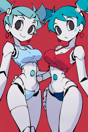 xj9, robot girl, robot joints, android, joints, short blue top, short blue underwear, symetrical twintails, aqua hair ,black eyes,white skin, lustfull look, tanlines, earrings, collarbone, large bust, helltaker style, colored skin, white skin, (1girl), only 1 girl