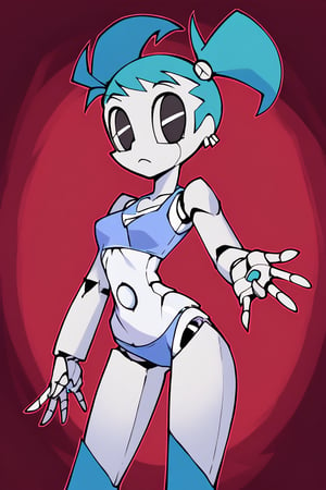 xj9, robot girl, robot joints, android, joints, short blue top, short blue underwear, symetrical twintails, aqua hair ,black eyes,white skin, lustfull look, tanlines, earrings, collarbone, large bust, helltaker style, colored skin, white skin, (1girl), only 1 girl, perfectly drawn fingers