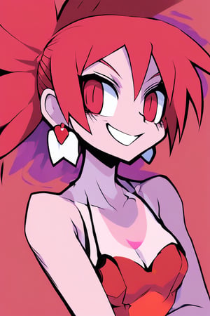 Etna (Disgaea), lustfull look, tanlines, earrings, bracelet, collarbone, large bust, helltaker style, red eyes, red hair, smerk smile