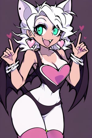 Rouge The Bat, no pants, clear stockings, happy, tanlines, swimsuit, hoop earrings, bracelet, collarbone, midriff, large bust, helltaker style, no pants, green eyes