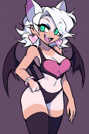 Rouge The Bat, no pants, clear stockings, happy, tanlines, swimsuit, hoop earrings, bracelet, collarbone, midriff, large bust, helltaker style, no pants, green eyes