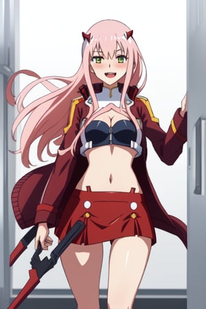 02 from darling in the franxx, unzipped jacket, crop top, short red skirt, hair blowing in the wind, standing, cleavage, blush, fangs, smile, in a futuristic room