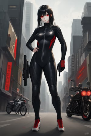 Girl, tall, standing, black hair, red eyes, biker suit, handgun, city, tattoos