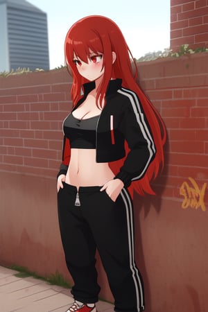 Cute redhead girl, long hair, unzipped jacket, crop top, long pants, Jordan shoes, standing, blushing, neutral face, red eyes, brick wall with graffiti, cleavage, sunny, submissive 