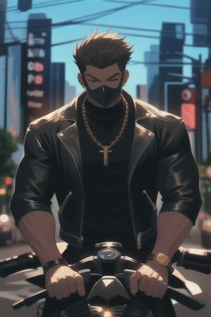 Guy, cool mask, guns, gold chain necklace, city, muscular, leather clothes, motorcycle 