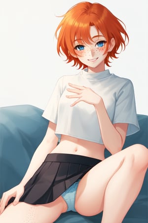 cute, short skirt, crop top, sitting, ginger hair, blue eyes, freckles, hand in panties, smiling, blushing