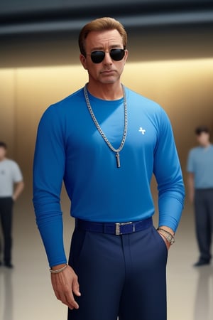 Guy standing, arms crossed, sports care behind him, reflecting sunglasses, blue long sleeve shirt, baggy pants, diamond Cuban link chain necklace, 