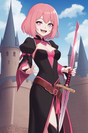 Cute, pink hair, revealing_clothes, sword, castle, fangs, different color eyes, smile, standing 
