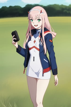 02 from darling in the franxx, unzipped jacket with nothing underneath, standing, smiling at camera, in a grassy field, sunny day, fangs