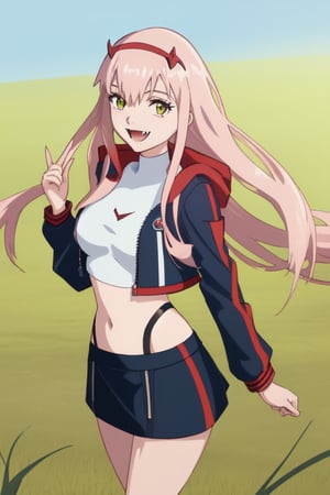 02 from darling in the franxx, unzipped jacket with crop top underneath, standing, smiling at camera, in a grassy field, sunny day, fangs, short skirt