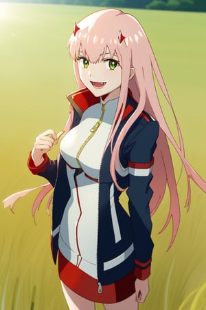 02 from darling in the franxx, unzipped jacket with nothing underneath, standing, smiling at camera, in a grassy field, sunny day, fangs