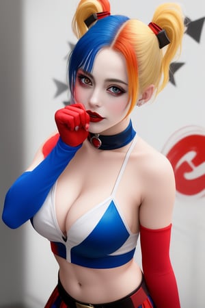 Harley Quinn, bright colorful hair, red and blue short skirt, red and blue crop top spaghetti straps, cleavage, blush, red eyes, white eyeliner, metal walls, suicide squad, sign in background