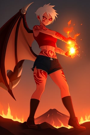 Dragon, volcanoes, fires, red skin, evil girl, short, crop top, shorts, tattoos, pyro, red eyes, standing, sword, action, cute, 