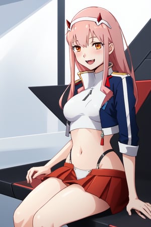 02 from darling in the franxx, unzipped jacket, crop top, short red skirt, hair blowing in the wind, sitting, white panties showing, blush, fangs, smile, in a futuristic room