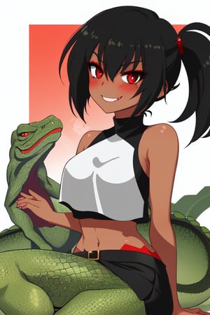 Red skin, black hair,crop top short skirt, reptile tale,blush, red eyes, cute face, evil smile