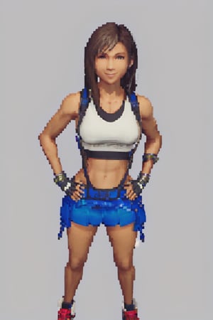 flexing,muscular female,brown hair,dark skin,dark-skinned female,solo,abs,breasts,shorts,muscular,smile,blue eyes,navel,cleavage,bandages,sports bra,obliques,short hair,simple background,midriff,looking at viewer,grey background,biceps,hand on hip,grin,short shorts,medium breasts,