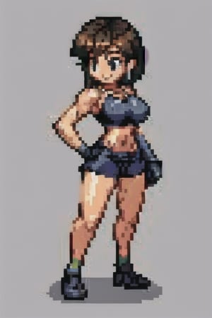 flexing,muscular female,brown hair,dark skin,dark-skinned female,solo,abs,breasts,shorts,muscular,smile,blue eyes,navel,cleavage,bandages,sports bra,obliques,short hair,simple background,midriff,looking at viewer,grey background,biceps,hand on hip,grin,short shorts,medium breasts,pixel art,PixelArt,defTifa