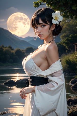 (masterpiece , ultra-detailed:1.3) , 1girl, solo, medium breasts, moon, lantern, night, large breasts, beautiful detailed eyes, bright pupils, (extremely delicate and feminine:1.1), (Beautiful and detailed eyes) , hair ornament, wet hair , wet , white kimono, black hair, off shoulder, Japanese clothes, wading, water, hair flower, holding, sash, bare shoulders, wet clothes, bangs, side boob, short hair, from side, standing, outdoors, sky, full moon, rain, mountain, cloud, paper lantern, night sky, obi, tree, reflection, cloudy sky, cinematic lighting, detailed background