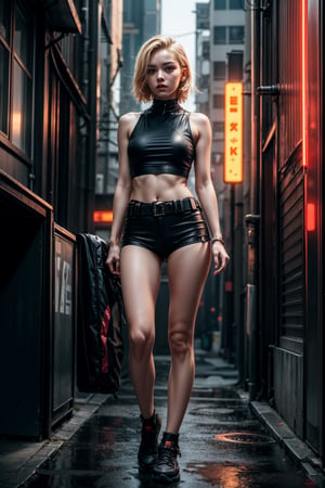 High quality colour HDR 8k photograph of a short, skinny, (petite), ((18 year old)) ((Caucasian)) ((cyberpunk)) girl, (blonde hair) pretty, beautiful, ((full body and legs)), ((subject centred)), ((extremely detailed face)), Canon EOS R3, well lit, flawless skin, looking directly at the camera, ((small hands)) detailed ((red and black sleeveless high neck top)), (detailed cyberpunk background) ray tracking, cinematic lighting, 8k, film grain