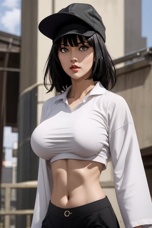 1girl, adjusting headwear, bangs, baseball cap, black hair, black headwear, black pants, black shirt, brown eyes, cowboy shot, crop top, huge breasts, hair between eyes, hand in pocket, hand on headwear, hat, huge breasts, long hair, long sleeves, looking at viewer, midriff, navel, pants, parted lips, ponytail, shirt, sidelocks, solo, stomach, white background,(masterpiece),(best quality),mature female,shiny skin,sakimichan,fubukiopm