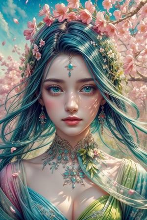 a colorful digital artwork of a woman's head decorated by tree's branches and leaves, in the style of magic in spring theme, flower blooming everywhere, multi color flower, small flower petals in the air, graceful surrealism, depictions of urban life, (bright sky-blue and green), portraitures with hidden meanings, caricature-like illustrations, metropolis meets nature ,midjourney, double exposure,1 girl,High detailed ,(spring),(colorful),(vibrant color),EpicSky,no_humans