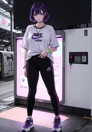 1Hot top model Waifu young white woman in white long oversize t-shirt, adidas tshirt, black pants, nike shoes, (short light neon purple hair:1.5), pores, fashion sexy pose, 1 girl, elegant nose, ultra detail, graffity wall background, 4k, (best quality:1.8), grainy, streetwear,STOKYO