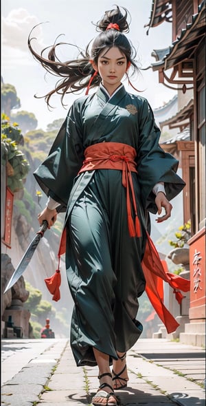 oriental fantasy warrior goddess, wuxia xianxia cultivator outfit, walking, gu,wuxia, fierce look, symmetrical,weapon