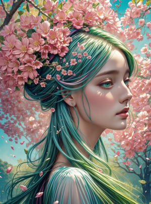 a colorful digital artwork of a woman's head decorated by tree's branches and leaves, in the style of magic in spring theme, flower blooming everywhere, multi color flower, small flower petals in the air, graceful surrealism, depictions of urban life, (bright sky-blue and green), portraitures with hidden meanings, caricature-like illustrations, metropolis meets nature ,midjourney, double exposure,1 girl,High detailed ,(spring),(colorful),(vibrant color),EpicSky,no_humans