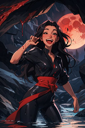 1female, long hair, black hair, hair past waist, hair_style, different style hair,SAM YANG, extreamly happy, laugh hard, wet_clothes, midnight, cave, blood moon,