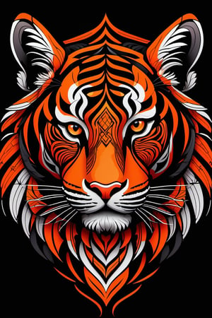 Tribal Spirit animals: tribal art, featuring a intricately detailed spirit animal tiger. cute, powerful, mysterious, high contrast, The design incorporates geometric patterns and bold linework to create a striking and powerful composition. Black background, 8k, ready to print illustration of hand drawn hawk, simple vector, black white orange, few colors and many shades, clean and sharp lines