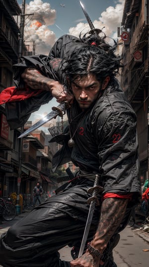 A Man with black hair,red eyes,Indian origin)) wearing Urban Street Style,white skin,background_detailed,eyes_detailed_v2,weapon,sword,colorful_style,add_more_details,perfecteyes,high_detailed.,cloud,swinging sword,slashing