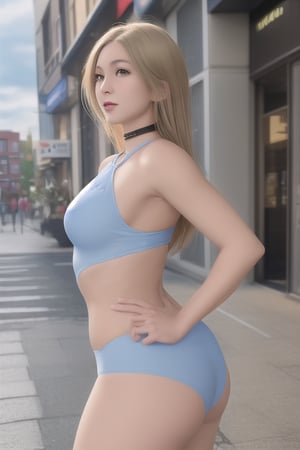 Russian woman, American woman, Ukrainian woman, Canadian woman, dressed in tight clothing, leggings, neckline blouse, big butt, blonde, slender, blue eyes, large breasts, wide hips, small waist, muscular build, fitness, long hair, in the city, large breasts, wide hips, muscular build, fitness, long hair, without stretch marks, without wrinkles, made up, wide hips, with muscular volume, female harmonic musculature, big bust, huge bust, athletic, women's casual clothing, youth clothing, professional lighting, in the city, masterpiece, photorealistic