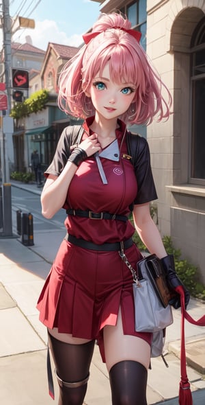 Female Character Sakura Hanuro from Realistic Naruto, Semi-Short Pink Hair, Stylized Uniform, (Masterpiece - 1.2), 1 Girl, (Highly Detailed Face), Smile, Long Brown Hair, (Highly Detailed Eyes), Bright Eyes, Green Eyes, dark skin, huge breasts, large thighs, perfect proportions, crimson red sleeveless blouse or shirt with the logo of the leaf village from the animated series Naruto, black gloves, short pink skirt half open at the sides, black stockings tight knee high, black open toe booties, wide hips, fitness woman, slender, legs apart, parted lips, blush, sky blue, footwear, (highest extreme resolution: 4k quality), ((high detailed background )),