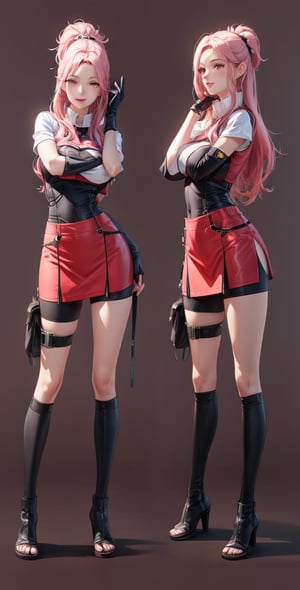 Female Character Sakura Hanuro from Realistic Naruto, Semi-Short Pink Hair, Stylized Uniform, (Masterpiece - 1.2), 1 Girl, (Highly Detailed Face), Smile, Long Brown Hair, (Highly Detailed Eyes), Bright Eyes, Green Eyes, dark skin, huge breasts, large thighs, perfect proportions, crimson red sleeveless blouse or shirt with the logo of the leaf village from the animated series Naruto, black gloves, short pink skirt half open at the sides, black stockings tight knee high, black open toe booties, wide hips, fitness woman, slender, legs apart, parted lips, blush, sky blue, footwear, (highest extreme resolution: 4k quality), ((high detailed background )),