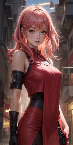 Female Character Sakura Hanuro from Realistic Naruto, Semi-Short Pink Hair, Stylized Uniform, (Masterpiece - 1.2), 1 Girl, (Highly Detailed Face), Smile, Long Brown Hair, (Highly Detailed Eyes), Bright Eyes, Green Eyes, dark skin, huge breasts, large thighs, perfect proportions, crimson red sleeveless blouse or shirt with the logo of the leaf village from the animated series Naruto, black gloves, short pink skirt half open at the sides, black stockings tight knee high, black open toe booties, wide hips, fitness woman, slender, legs apart, parted lips, blush, sky blue, footwear, (highest extreme resolution: 4k quality), ((high detailed background )),