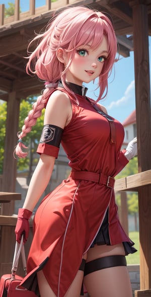 Female Character Sakura Hanuro from Realistic Naruto, Semi-Short Pink Hair, Stylized Uniform, (Masterpiece - 1.2), 1 Girl, (Highly Detailed Face), Smile, Long Brown Hair, (Highly Detailed Eyes), Bright Eyes, Green Eyes, dark skin, huge breasts, large thighs, perfect proportions, crimson red sleeveless blouse or shirt with the logo of the leaf village from the animated series Naruto, black gloves, short pink skirt half open at the sides, black stockings tight knee high, black open toe booties, wide hips, fitness woman, slender, legs apart, parted lips, blush, sky blue, footwear, (highest extreme resolution: 4k quality), ((high detailed background )),