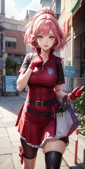 Female Character Sakura Hanuro from Realistic Naruto, Semi-Short Pink Hair, Stylized Uniform, (Masterpiece - 1.2), 1 Girl, (Highly Detailed Face), Smile, Long Brown Hair, (Highly Detailed Eyes), Bright Eyes, Green Eyes, dark skin, huge breasts, large thighs, perfect proportions, crimson red sleeveless blouse or shirt with the logo of the leaf village from the animated series Naruto, black gloves, short pink skirt half open at the sides, black stockings tight knee high, black open toe booties, wide hips, fitness woman, slender, legs apart, parted lips, blush, sky blue, footwear, (highest extreme resolution: 4k quality), ((high detailed background )),