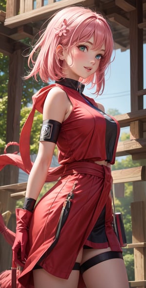 Female Character Sakura Hanuro from Realistic Naruto, Semi-Short Pink Hair, Stylized Uniform, (Masterpiece - 1.2), 1 Girl, (Highly Detailed Face), Smile, Long Brown Hair, (Highly Detailed Eyes), Bright Eyes, Green Eyes, dark skin, huge breasts, large thighs, perfect proportions, crimson red sleeveless blouse or shirt with the logo of the leaf village from the animated series Naruto, black gloves, short pink skirt half open at the sides, black stockings tight knee high, black open toe booties, wide hips, fitness woman, slender, legs apart, parted lips, blush, sky blue, footwear, (highest extreme resolution: 4k quality), ((high detailed background )),