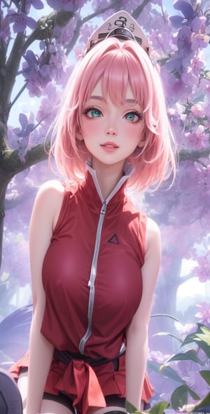 Female Character Sakura Hanuro from Realistic Naruto, Semi-Short Pink Hair, Stylized Uniform, (Masterpiece - 1.2), 1 Girl, (Highly Detailed Face), Smile, Long Brown Hair, (Highly Detailed Eyes), Bright Eyes, Green Eyes, dark skin, huge breasts, large thighs, perfect proportions, crimson red sleeveless blouse or shirt with the logo of the leaf village from the animated series Naruto, black gloves, short pink skirt half open at the sides, black stockings tight knee high, black open toe booties, wide hips, fitness woman, slender, legs apart, parted lips, blush, no cleavage, no visible undergarments, no bare breasts, sky blue, footwear, (highest extreme resolution: 4k quality), ((high detailed background )),